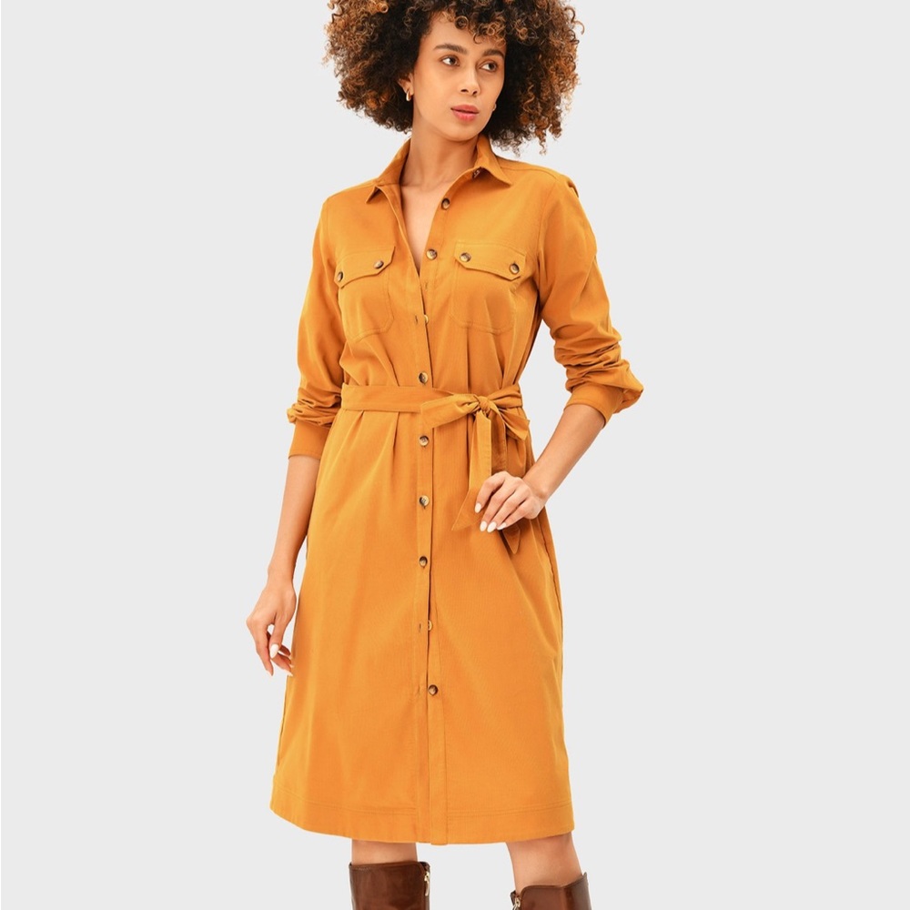 eshakti Mustard Button-Front Shirt Dress with Tie Waist - Picture 3 of 3